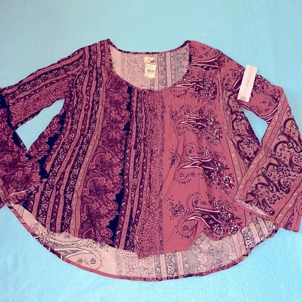 O’NEILL button down blouse floral paisley stripes oversized high low NEW size S